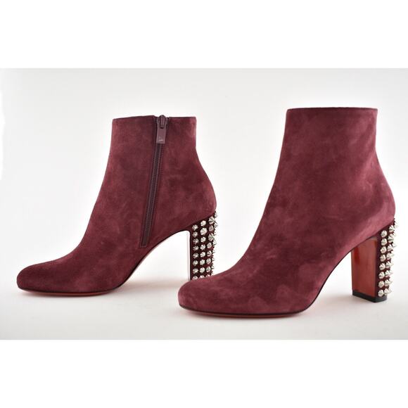 Christian Louboutin Suzi Folk 85 Prunus Red Suede Spike Ankle Heel Bootie 37 - Picture 9 of 12